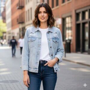 Neon Blonde Women's Denim Jean Jacket Oversized Light Wash Distressed Small